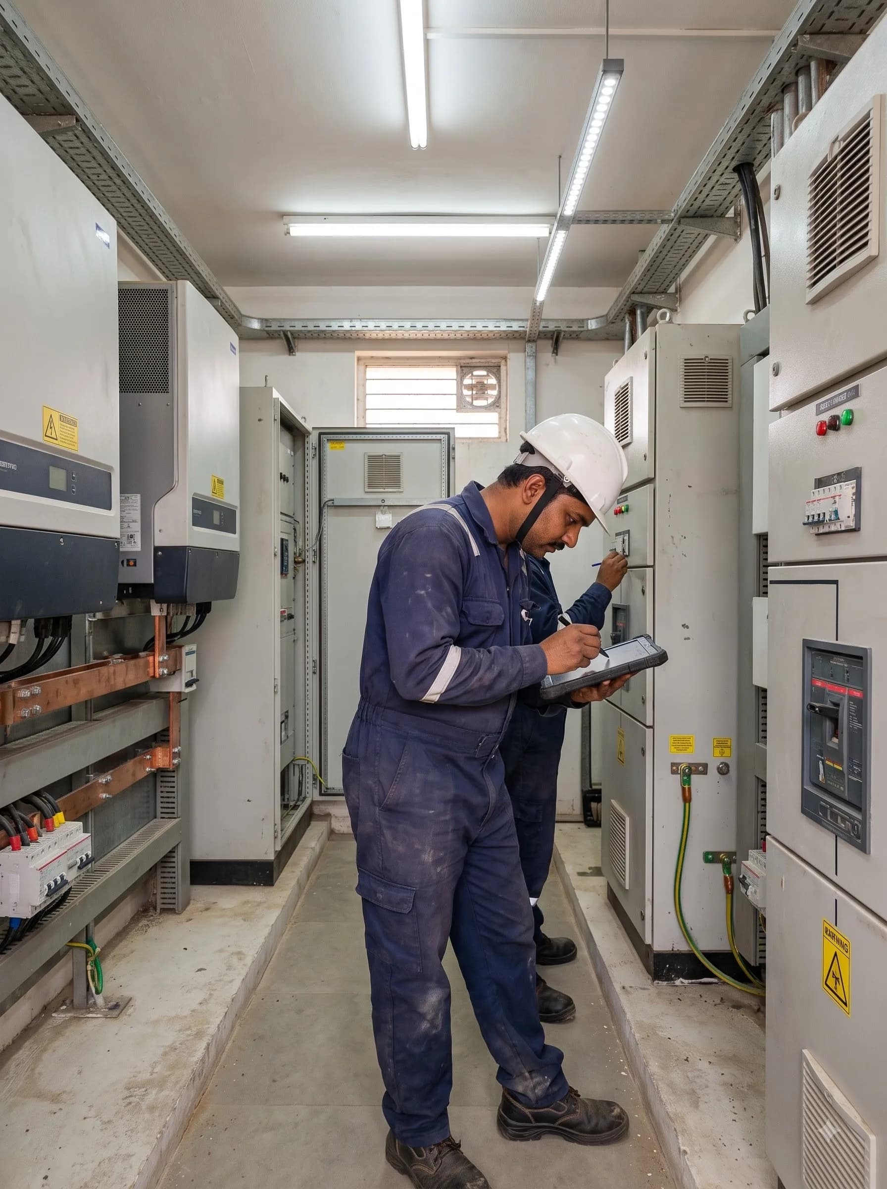Grid Nova technician logging readings from a switchgear panel inside an inverter room