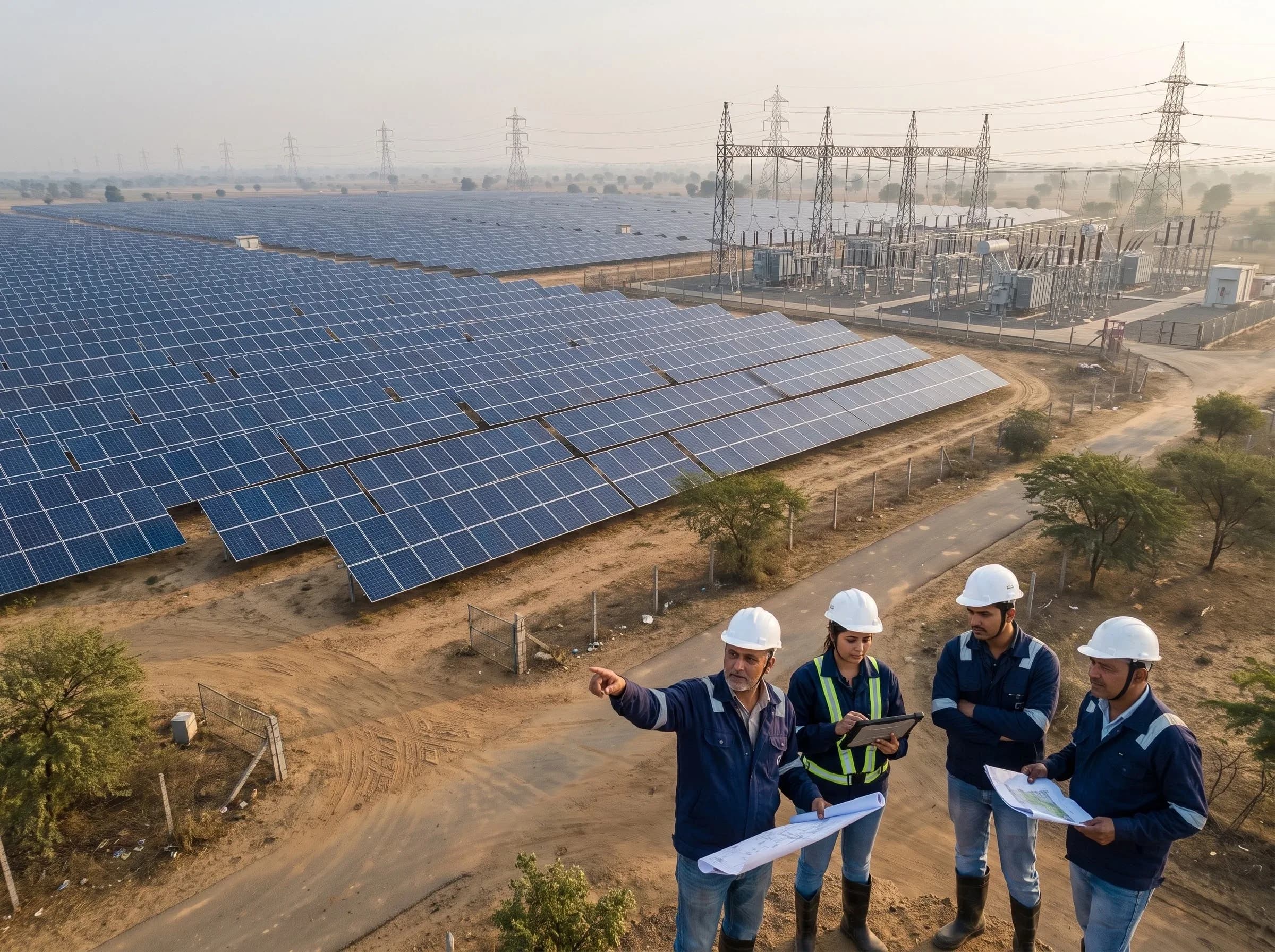 Grid Nova engineers reviewing plans on a utility-scale solar site