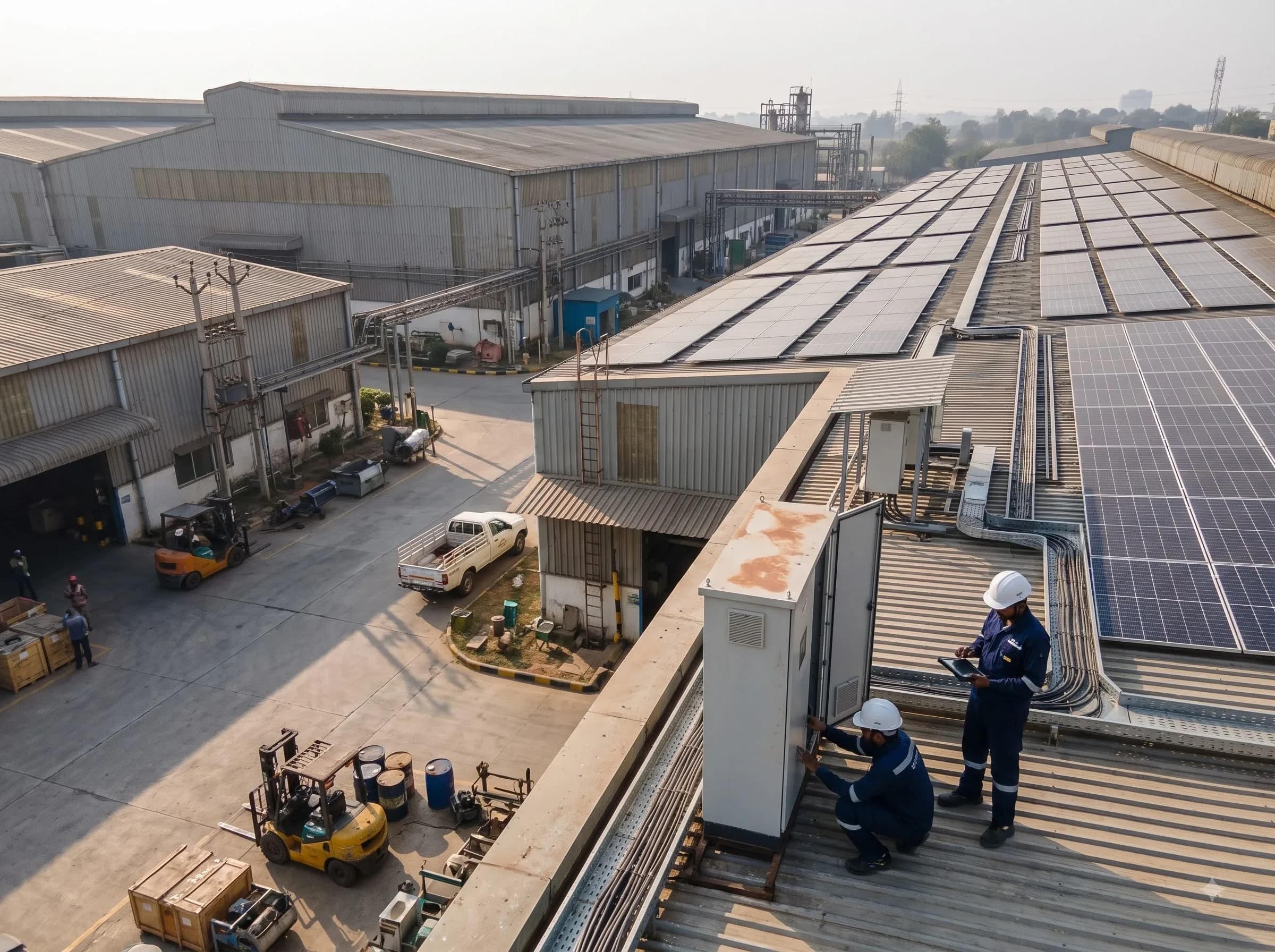 Grid Nova technicians on an industrial warehouse rooftop solar installation