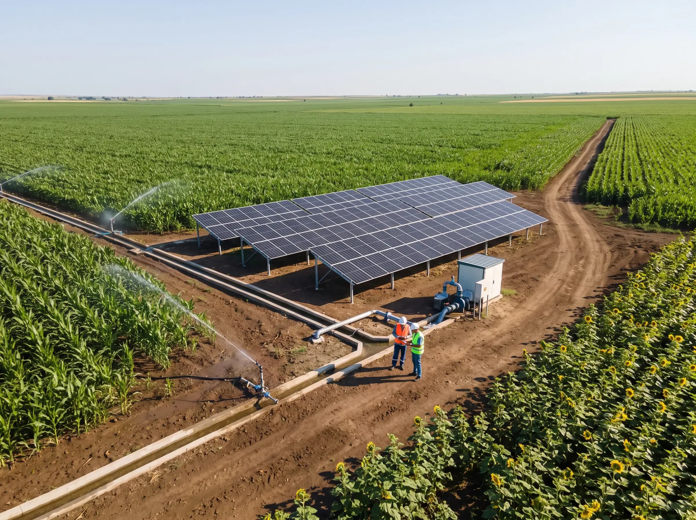 Solar-powered irrigation pump in a green field