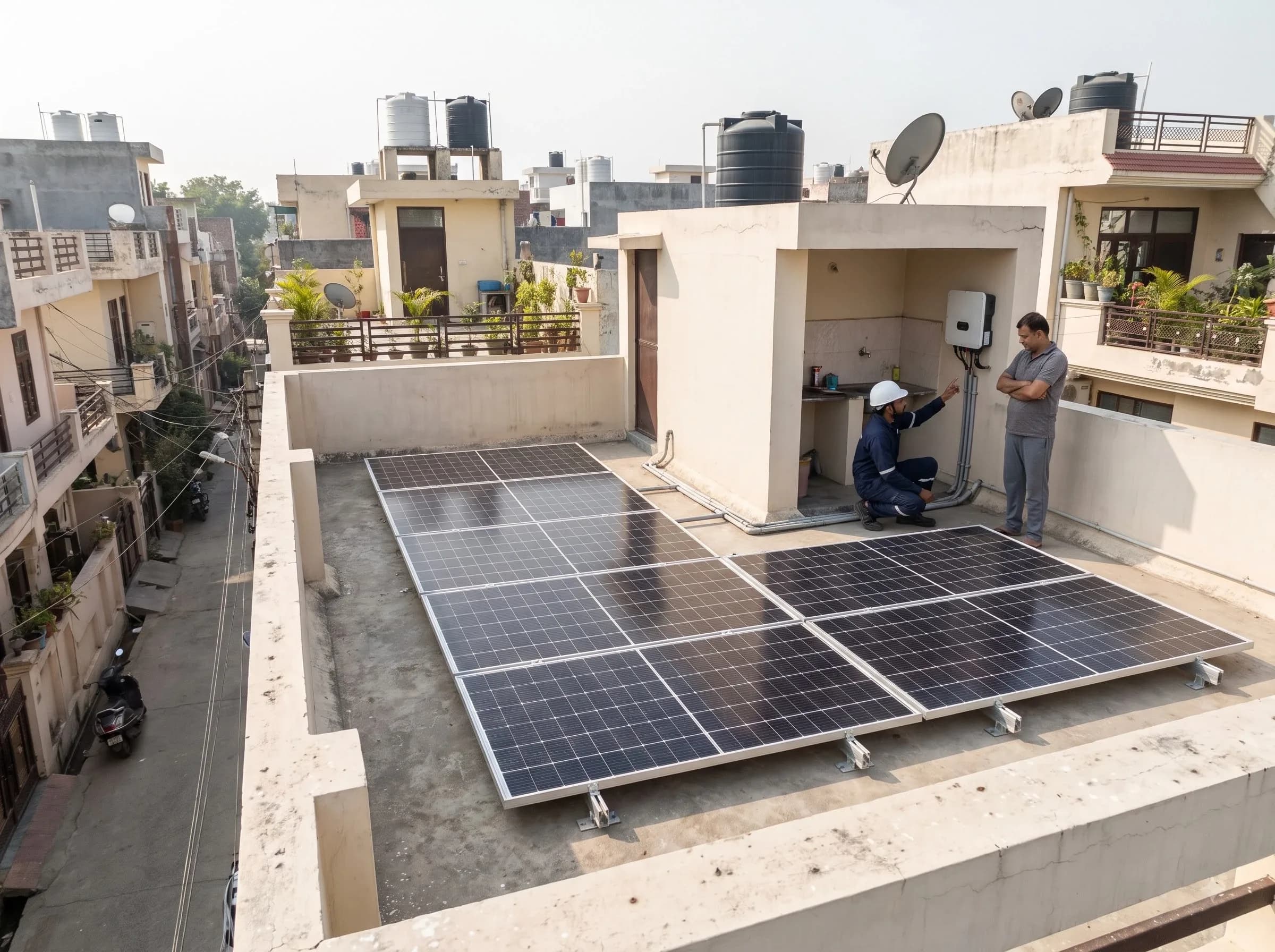 Grid Nova technician installing a rooftop solar system on a residential terrace