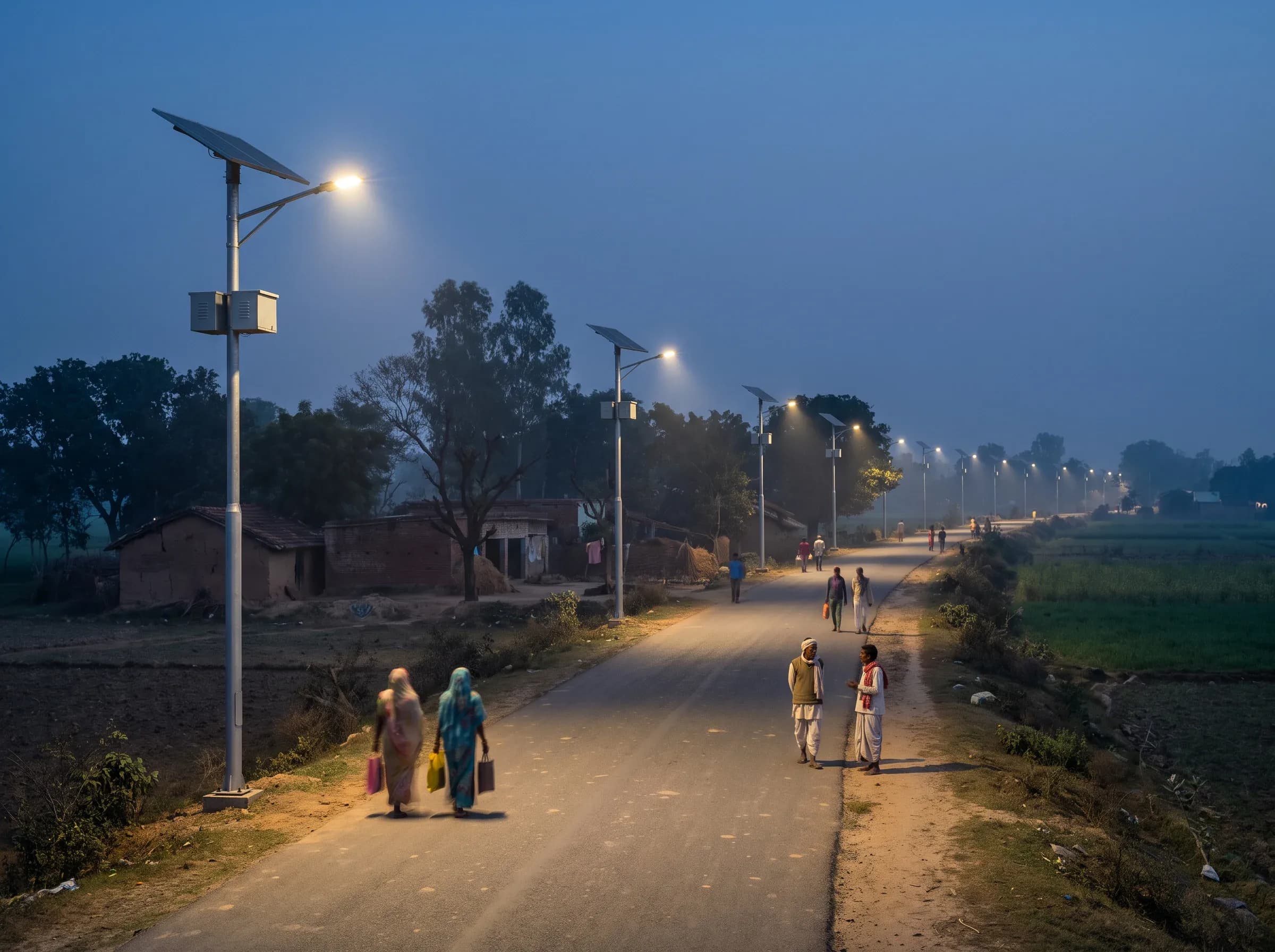 Solar street lights along a village road at dusk