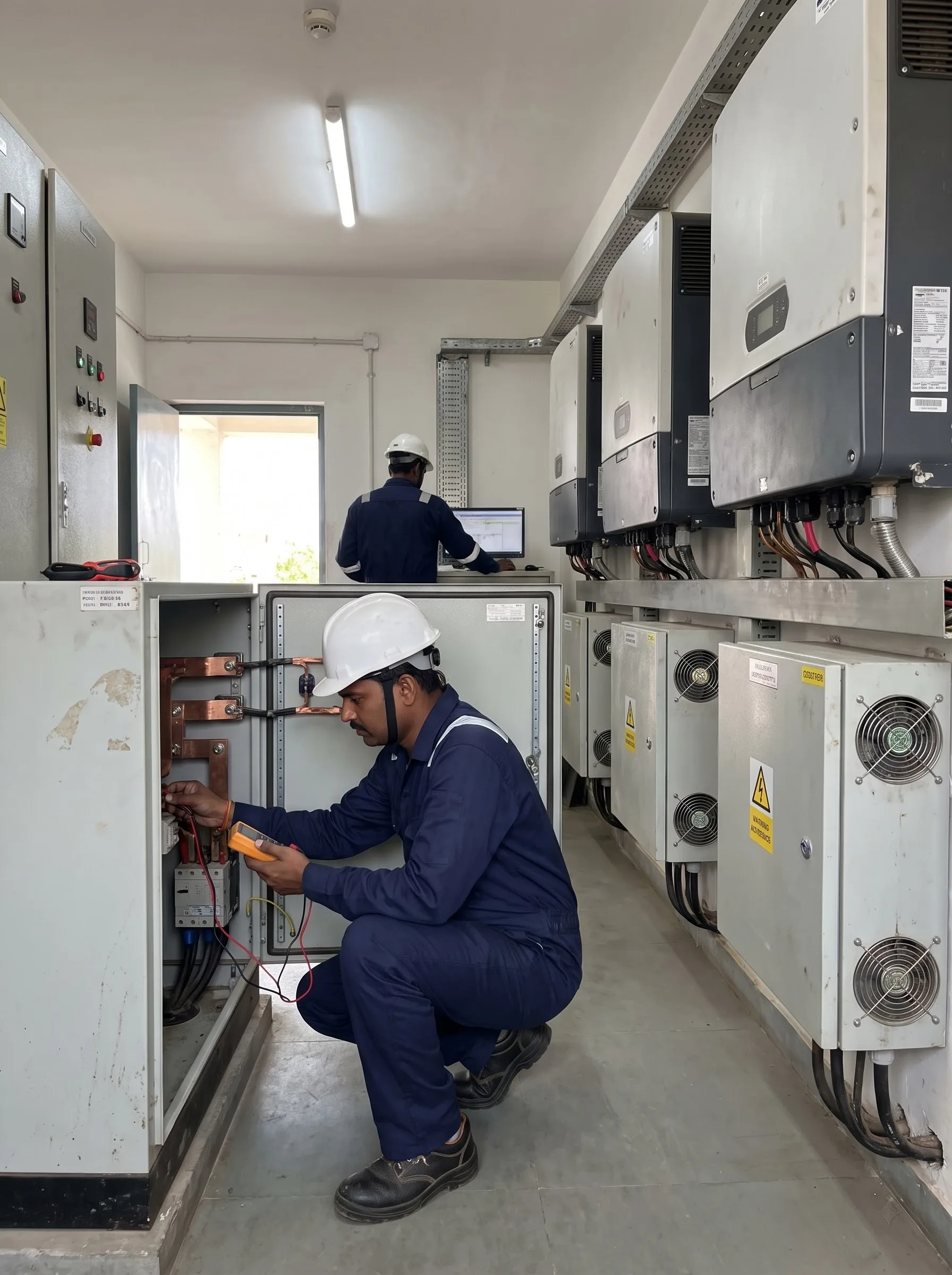 Grid Nova technician testing protection panels with a multimeter