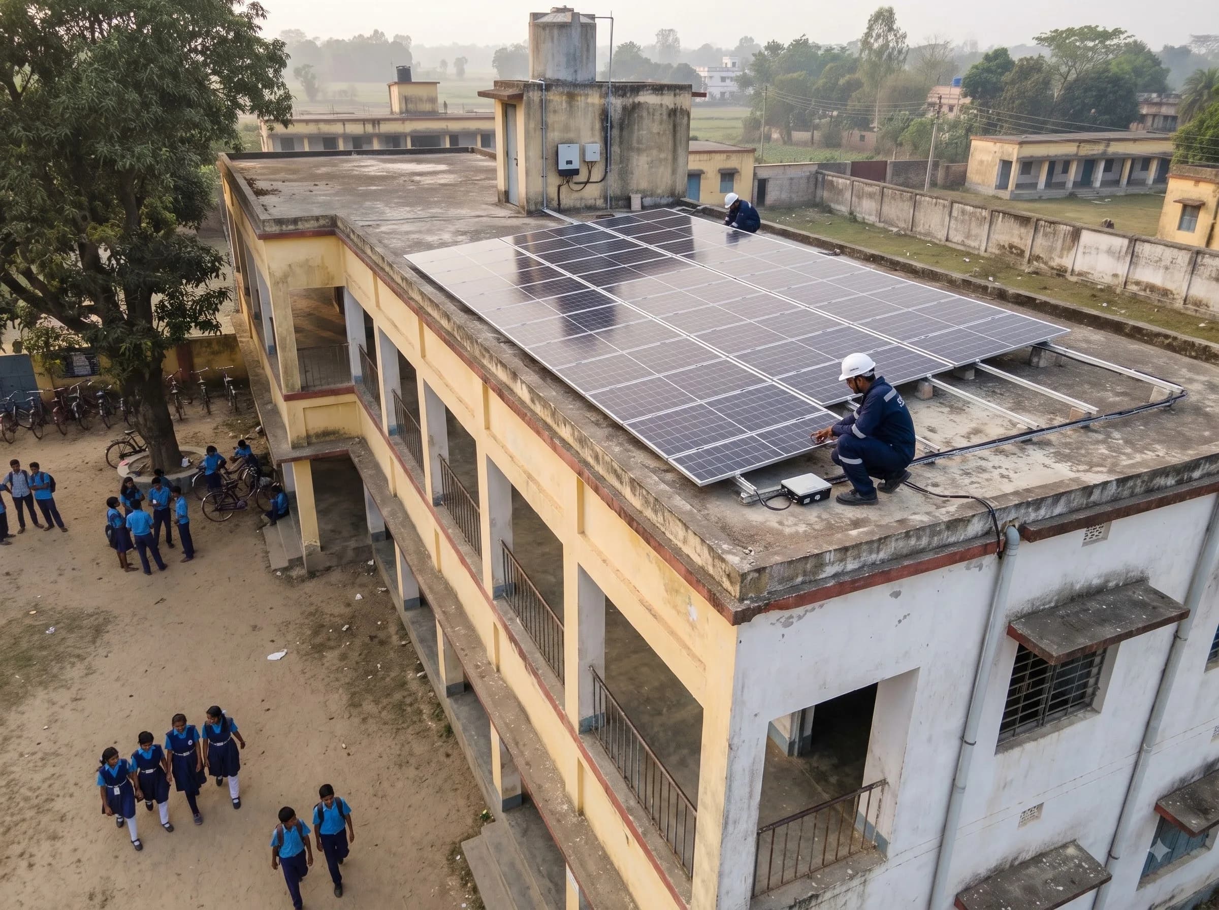 Rooftop solar on a WBREDA-programme school with students below